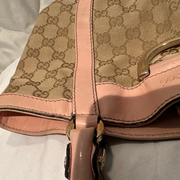 š„³HPš„³ Gucci GG pink bubble gum and tan canvas small leather trim tote bag - Picture 11 of 16